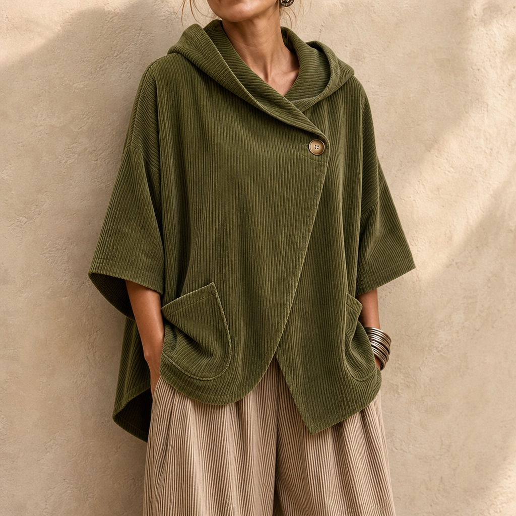 Olivgrön asymmetrisk damponcho med huva framifrån