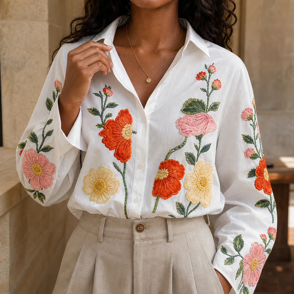 Vit damblus med broderat blomönster och krage framifrån