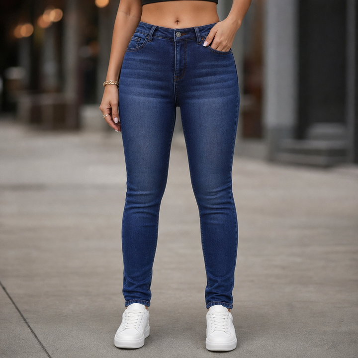 Kvinna i blå skinny jeans framifrån mot urban bakgrund