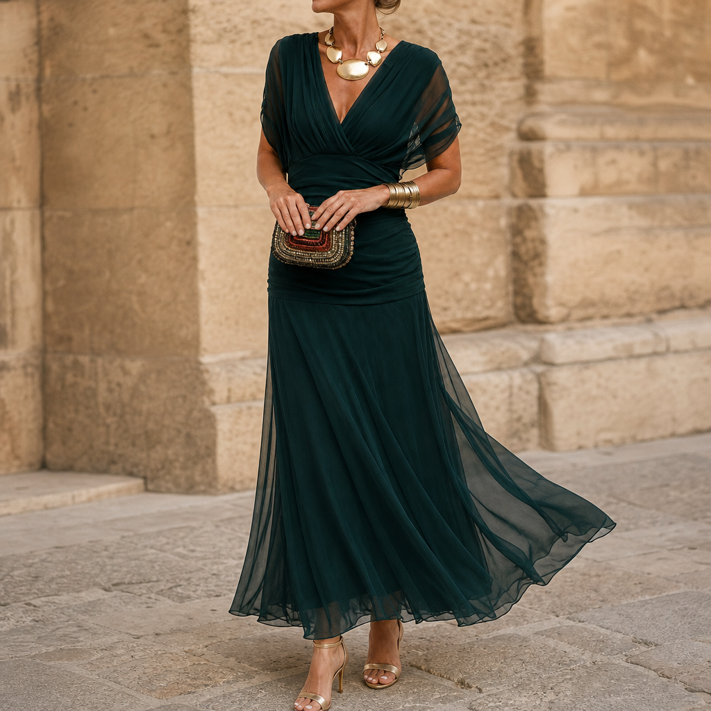 Kvinna i mörkgrön off-shoulder maxiklänning Veloura utomhus