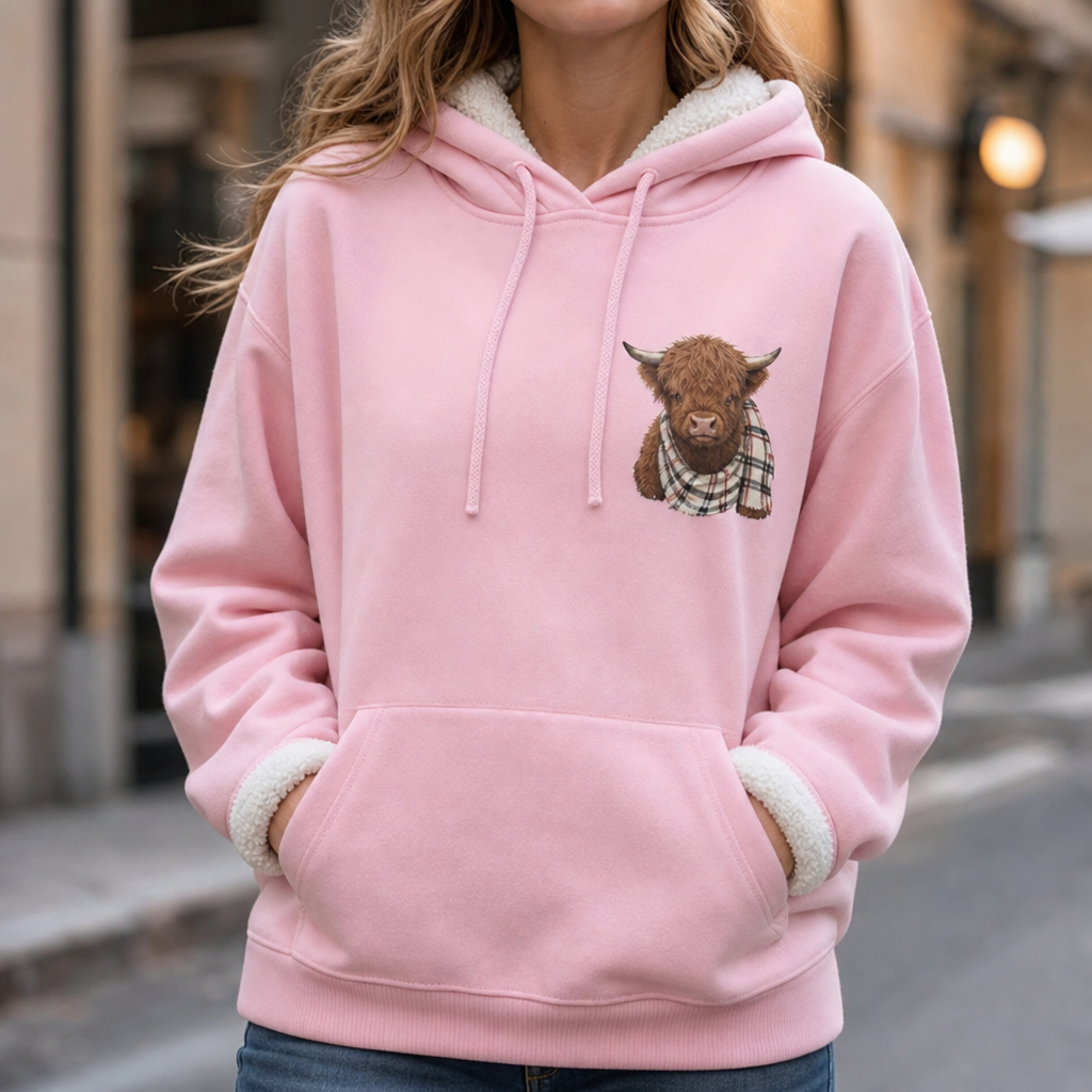Rosa hoodie med tryck av höglandskossa på kvinna utomhus