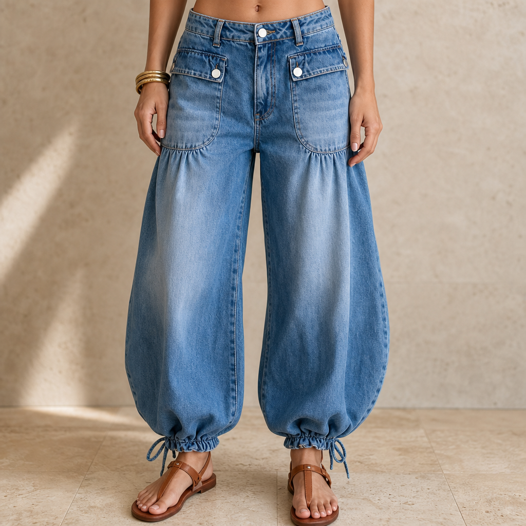 Damkläder i blå jeans med ballongmodell och sandaler