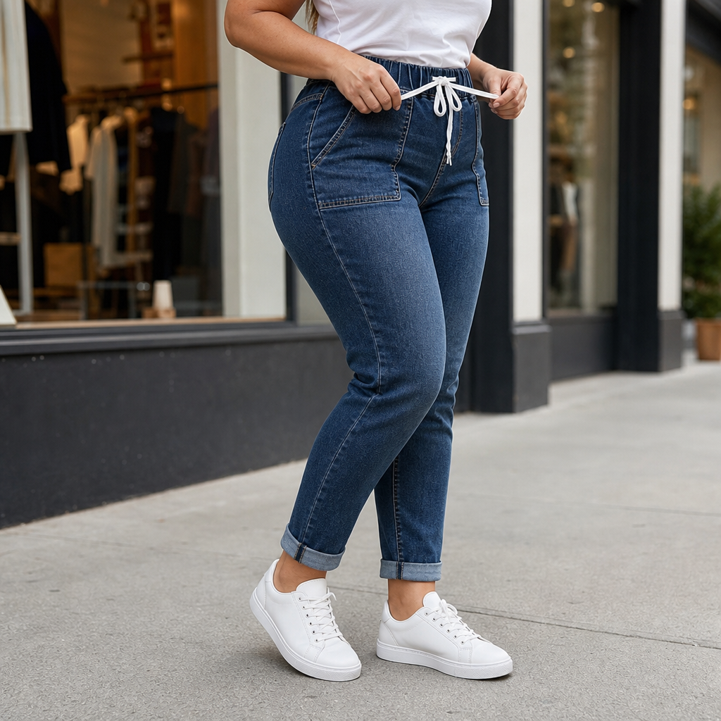 Blå damjeans med elastisk midja och dragsko framifrån