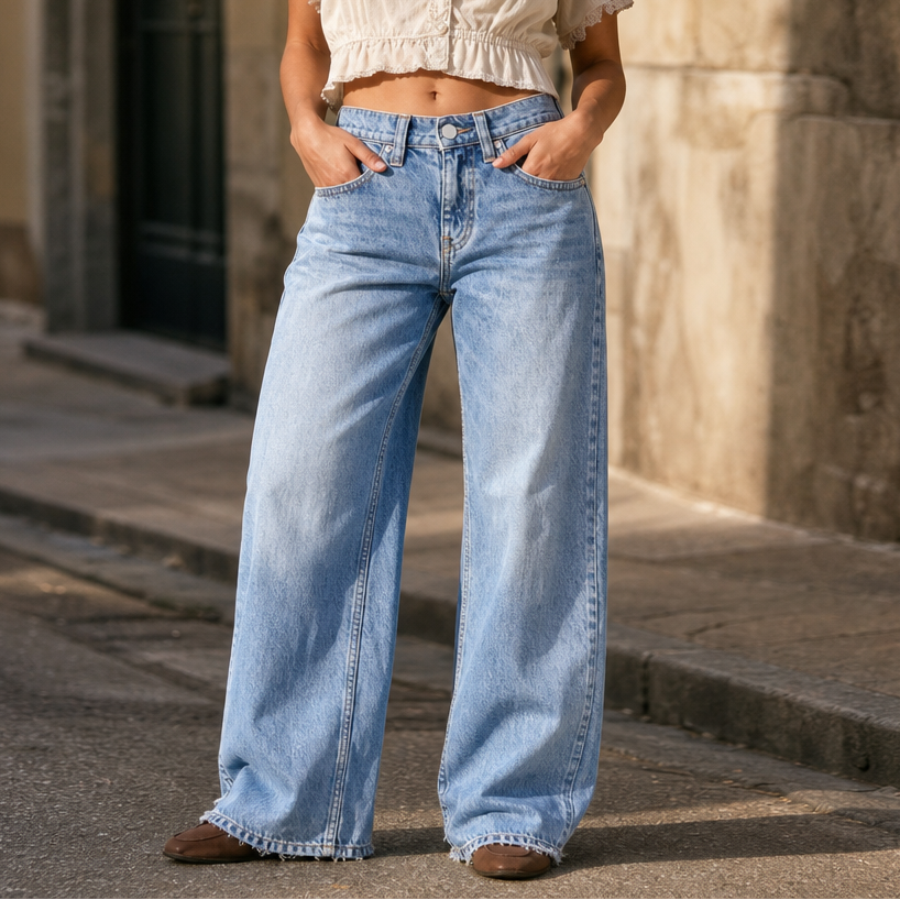 Kvinna bär ljusblå damjeans med hög midja och vida ben utomhus
