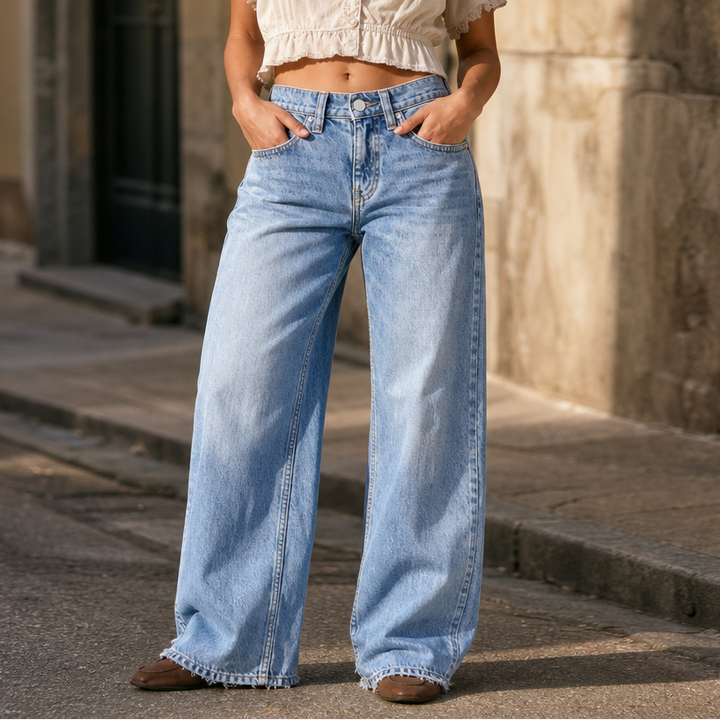 Kvinna bär ljusblå damjeans med hög midja och vida ben utomhus