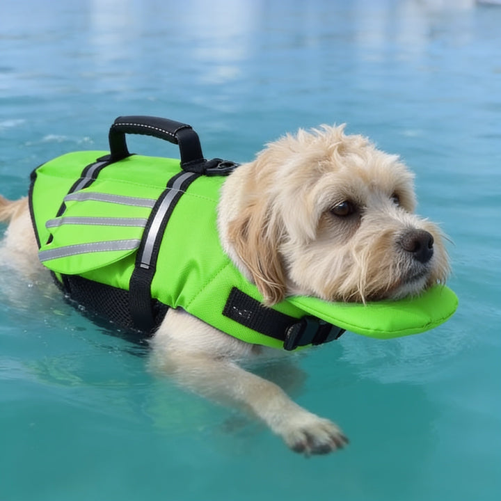 Hund i vatten som simmar med grön Angelfloat flytväst med änglavingar