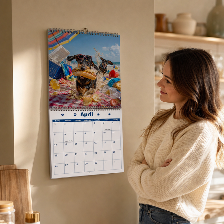 Kvinna som tittar på taxkalender i köket