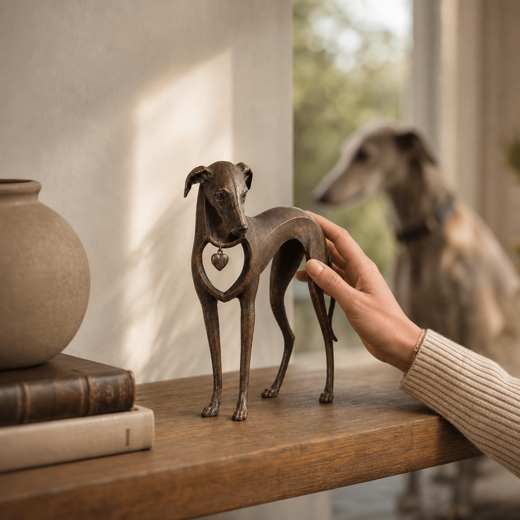 Hand som rör vid vinthundsskulpturen med en levande hund i bakgrunden