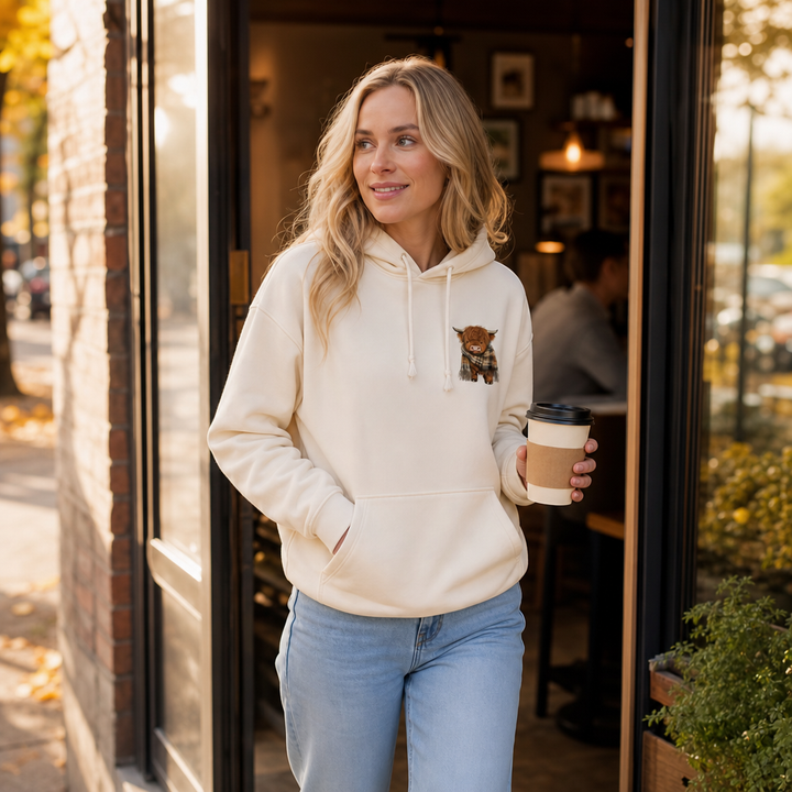 Kvinna i mysig hoodie med huva som går ut ur ett kafé med kaffe