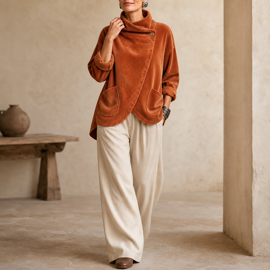 Modell som bär orange asymmetrisk jacka med vida byxor