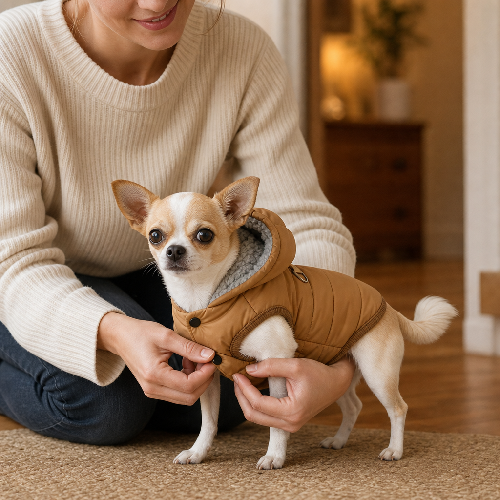 Ägare som sätter på den bruna hundjackan på en chihuahua