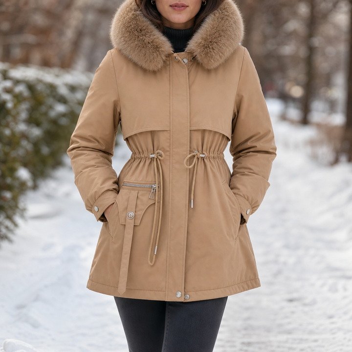 Damernas Veluxe quiltad parka med huva i full längd, framifrån