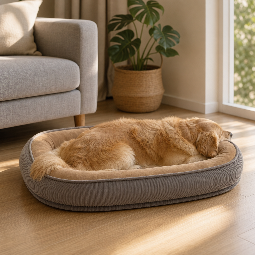 Golden retriever som sover gott i den bekväma husdjurssoffan inomhus
