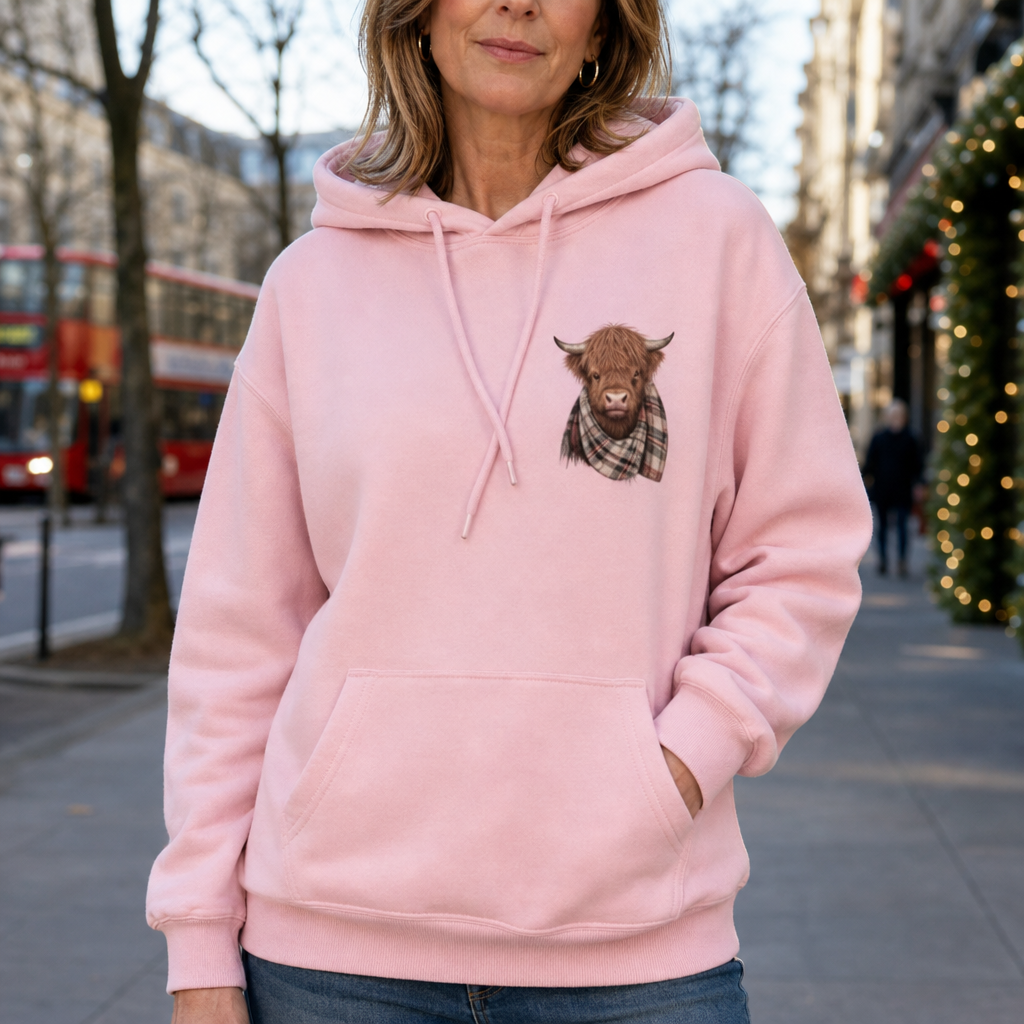 Närbild på kvinna i rosa tröja med huva på gata i stan