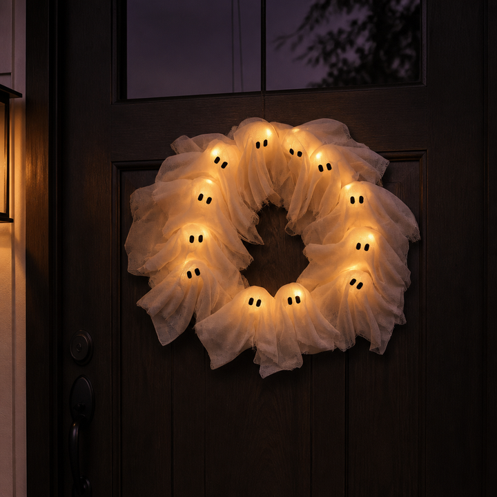 Ghostglow lysande Halloweenkrans med spöken hängande på en mörk ytterdörr