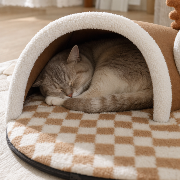 Brun kattunnel i plysch med integrerad leksak för aktiva katter