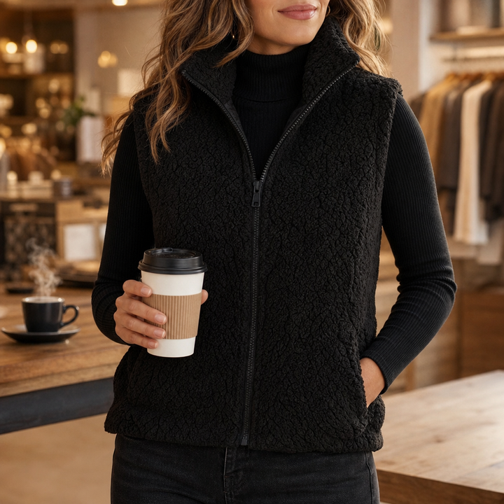 Kvinna i svart Wearbella väst med hög krage som håller i en kaffemugg