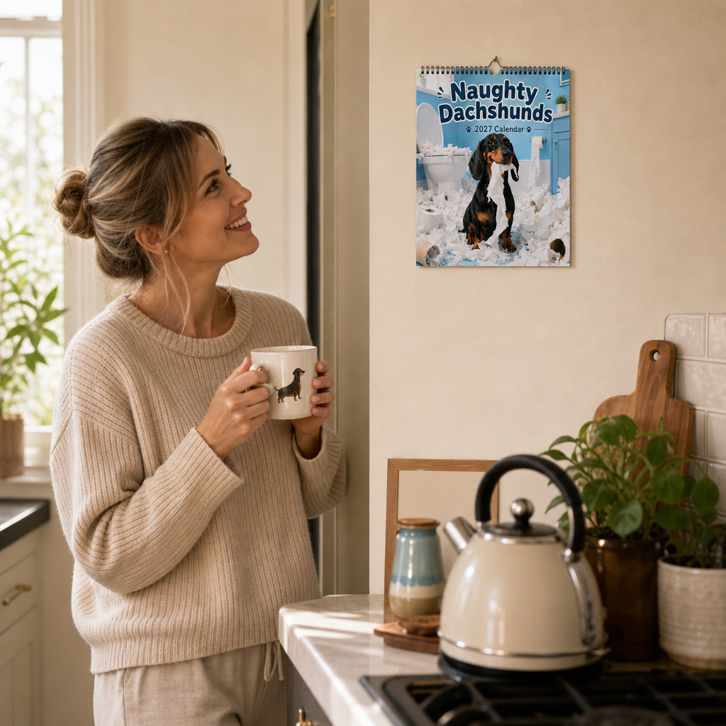 Kvinna i kök som tittar på en rolig taxkalender på väggen