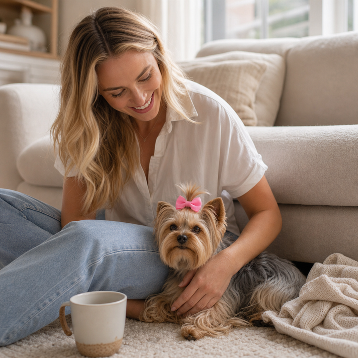 Kvinna som myser med sin hund som bär en rosa hårrosett