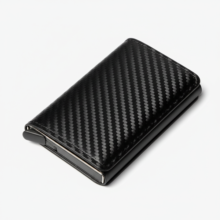 Stilren aluminiumplånbok CardSafe med PU-läderdetaljer, kompakt korthållare för män som vill ha RFID-skydd.