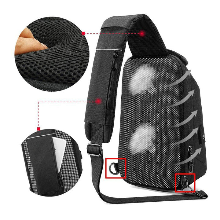 "Herr axelväska i PVC med USB, tredimensionell dyna, elegant design, vattenavvisande material, svart färg."