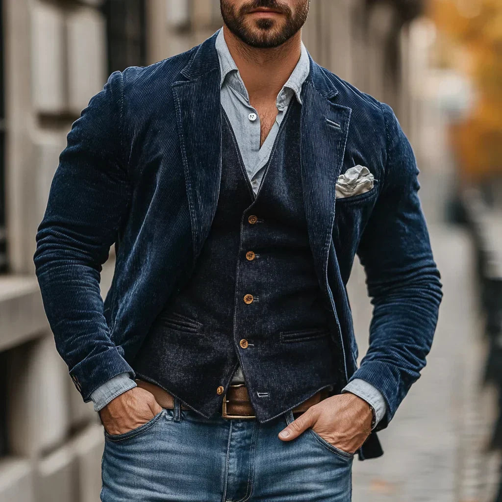 Herr corduroy kavaj och väst set i slim fit. Elegant tvådelat set för fest och vardag.