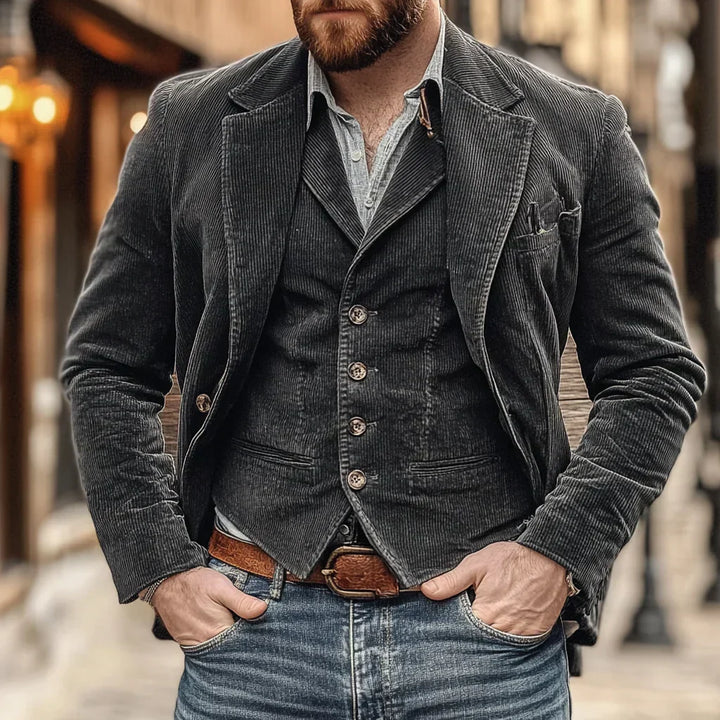 Mångsidig blå herr corduroy kavaj och väst i retro stil. Perfekt för eleganta tillfällen.