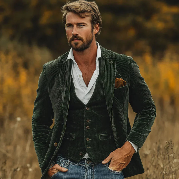 Herrkläder: Brun corduroy kavaj & väst set. Snygg slim fit för en elegant och formell look.