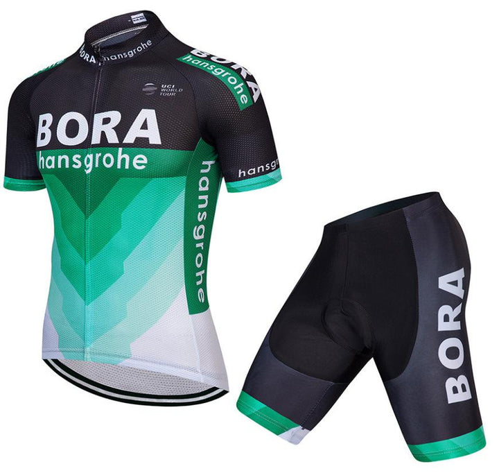 "Herr cykelset med kortärmad tröja och shorts i mesh och Lycra, andas och snabbtorkar, perfekt för cykeläventyr."