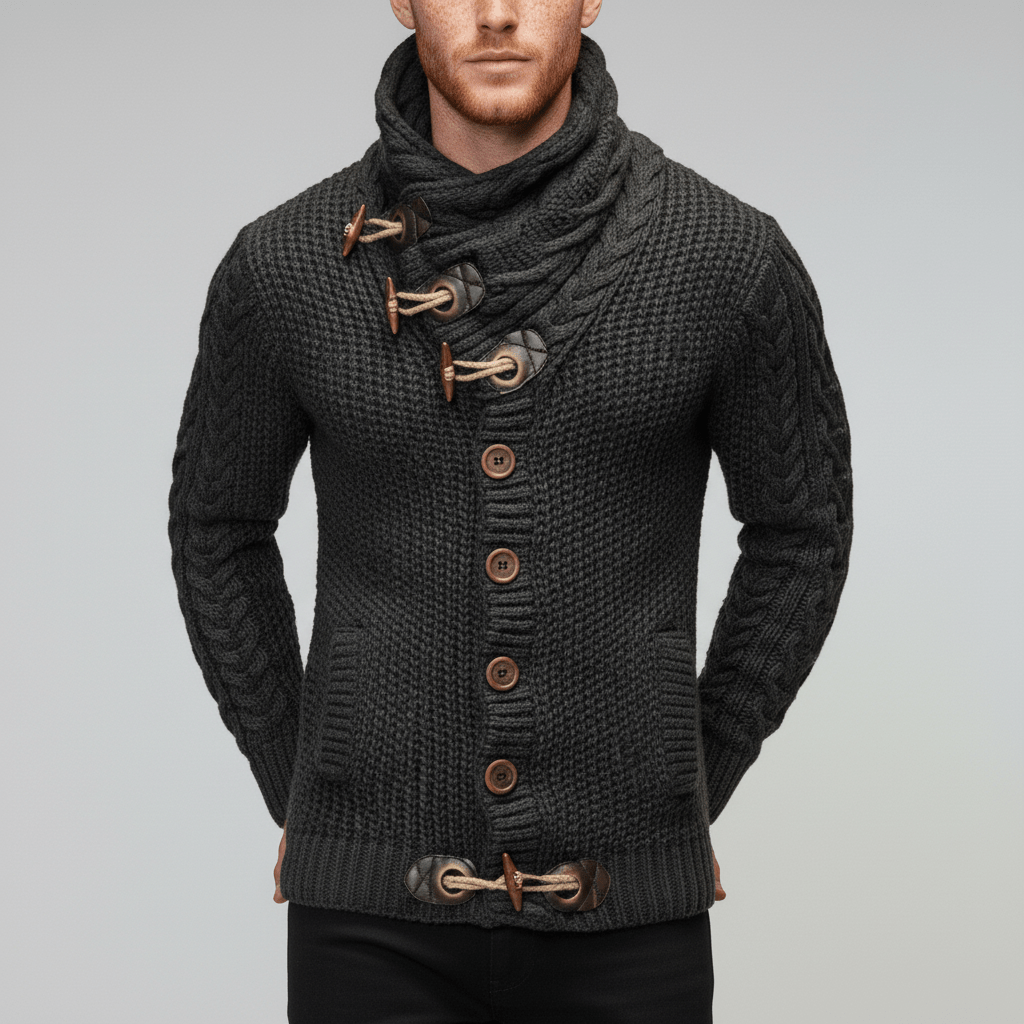 Herr grovstickad cardigan Nicholas. Varm, tidlös stil för vardagsbruk. Ett stickat ytterplagg.