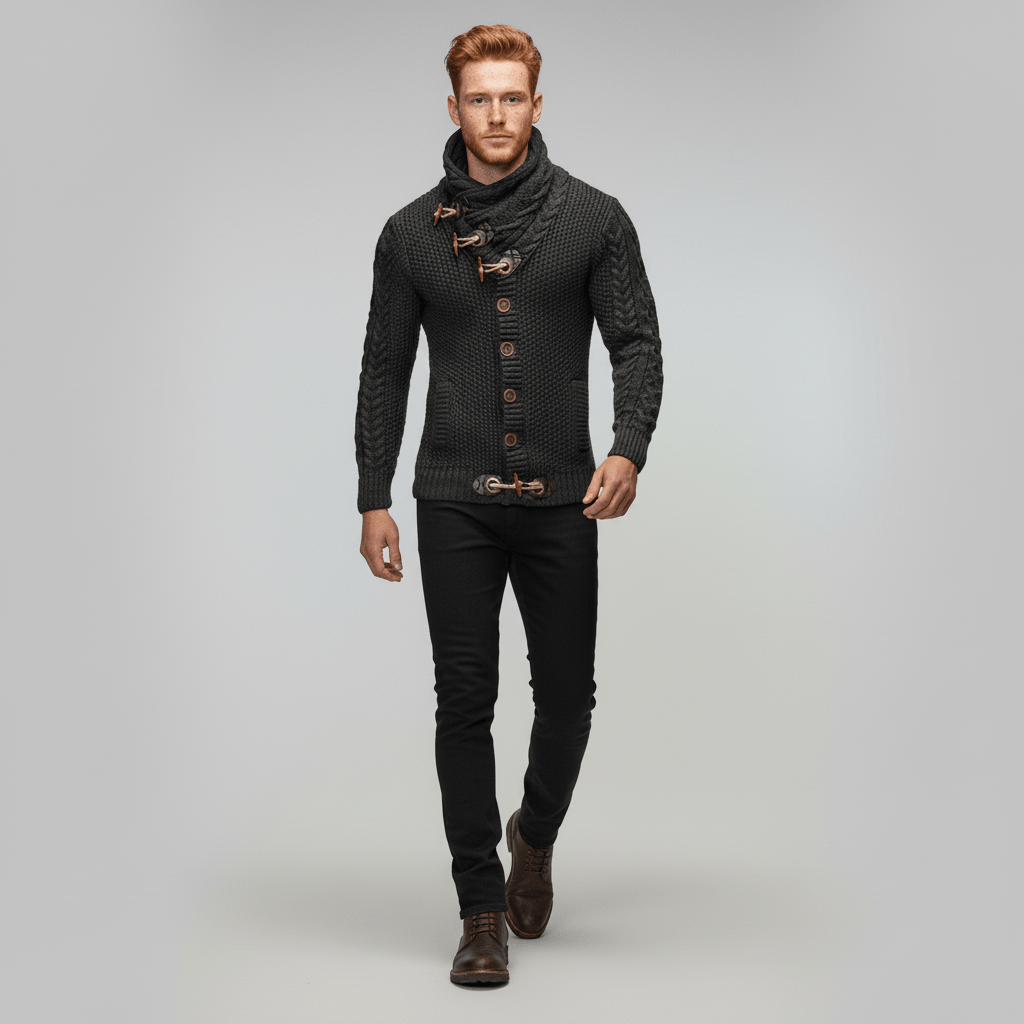 Retroinspirerad grovstickad cardigan Nicholas för män. Trendigt och skönt stickat plagg.