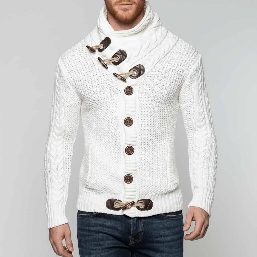 Nicholas grovstickad herrcardigan. Visar stil och värme, perfekt för lager på lager.