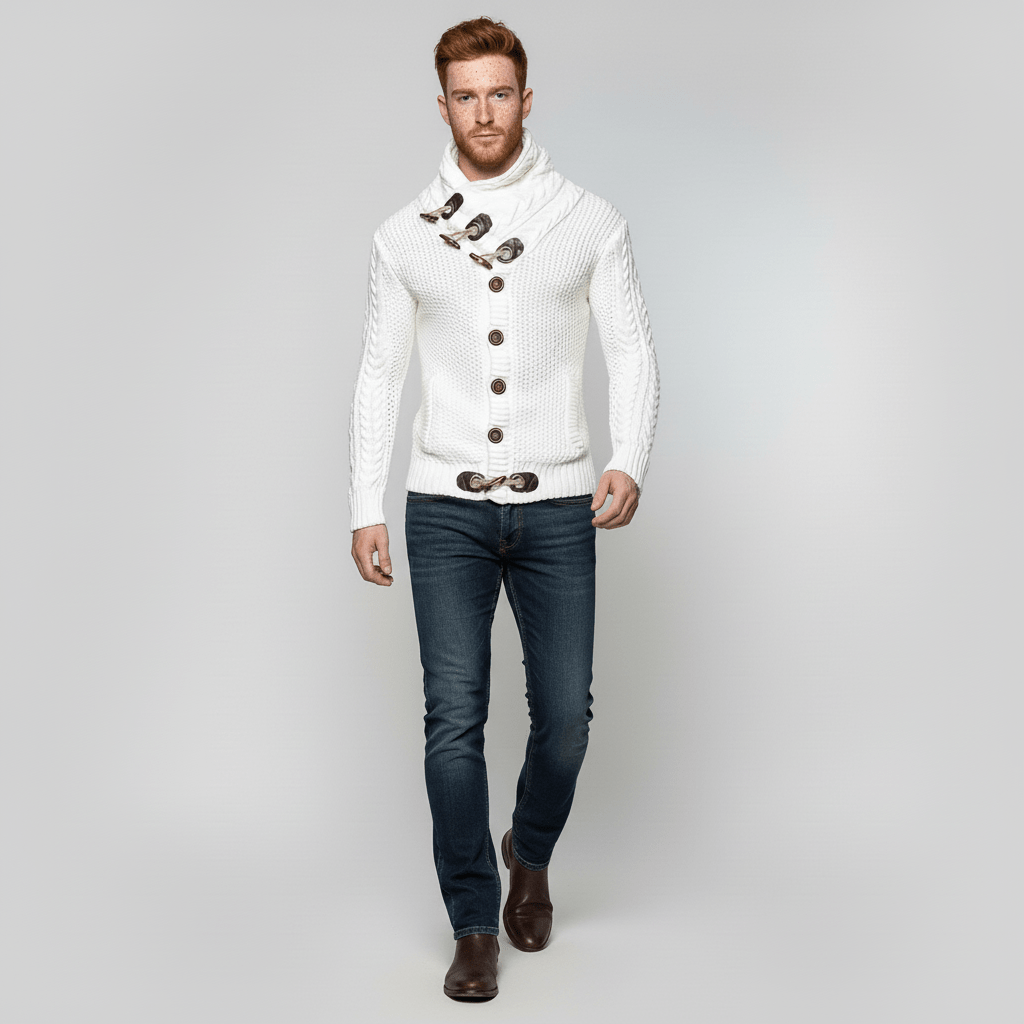 Nicholas grovstickad herrcardigan. Bekväm kofta med retrostil, perfekt för kalla dagar.