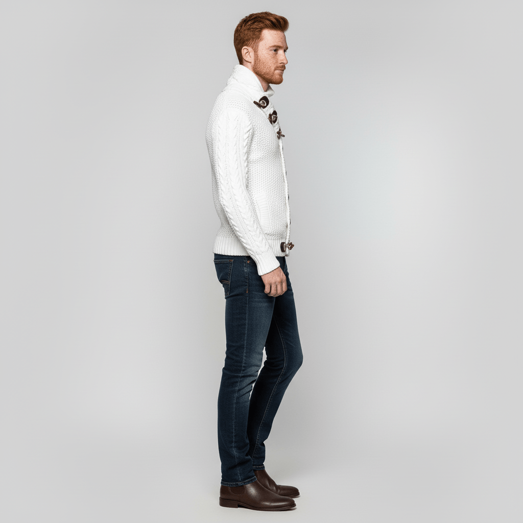 Tidlös grovstickad herrkofta Nicholas. En varm och mångsidig cardigan för vardagsmode.