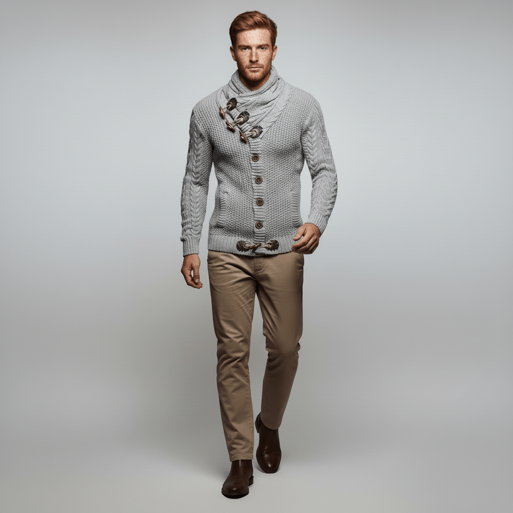Varm grovstickad cardigan för män från Nicholas. Ger komfort och klassisk vardagsstil.