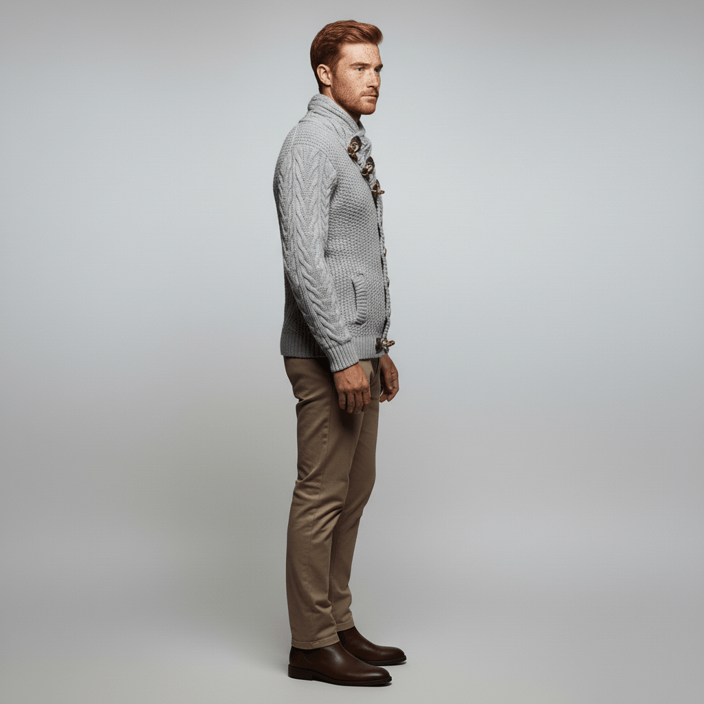 Herr i Nicholas grovstickad cardigan. Avslappnad look, ett stilrent och varmt ytterplagg.