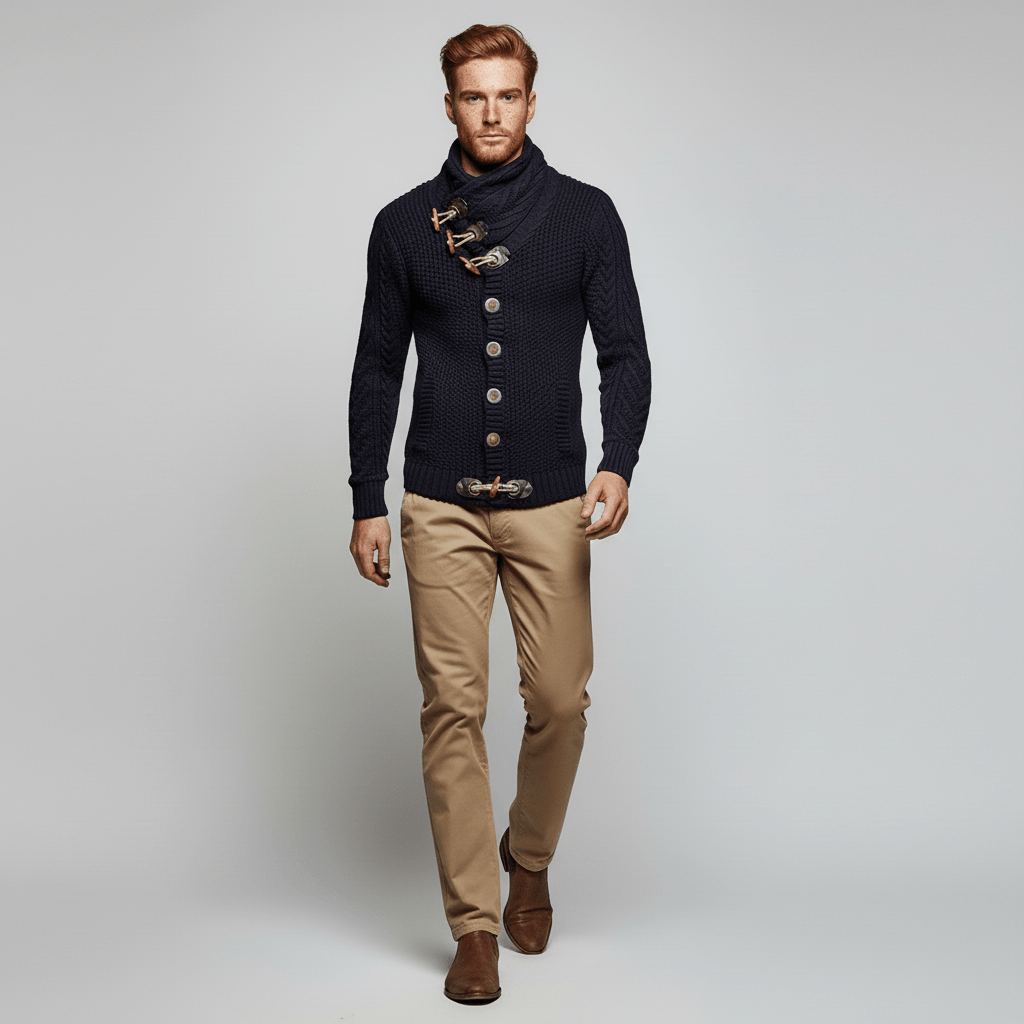 Nicholas grovstickad herr cardigan. En trendig kofta för en modern och avslappnad stil.