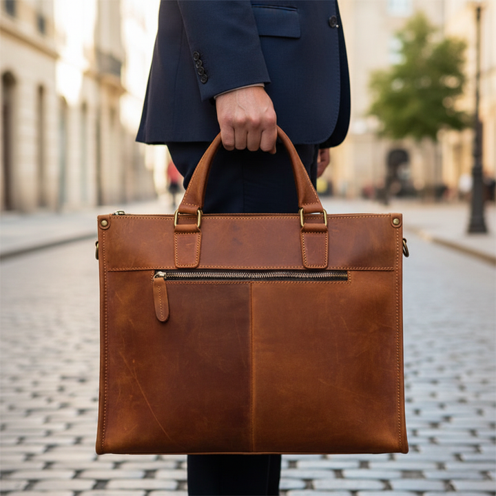 Herr klassisk datorväska i brunt vintage läder. Elegant axelväska med smart förvaring för laptop.