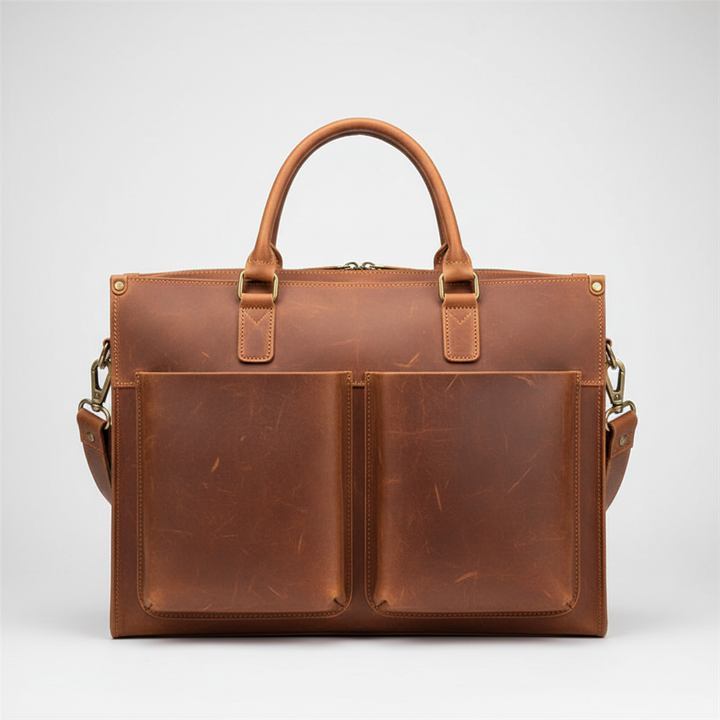 Man bär elegant vintage läder datorväska. Perfekt för affärsmöten, arbete eller stiliga resor med laptop.