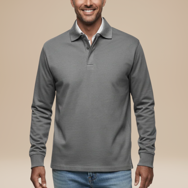 Svart herrmode poloskjorta med lång ärm och elegant krage
