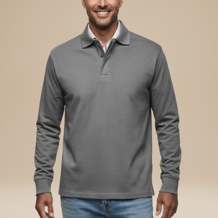 Svart herrmode poloskjorta med lång ärm och elegant krage