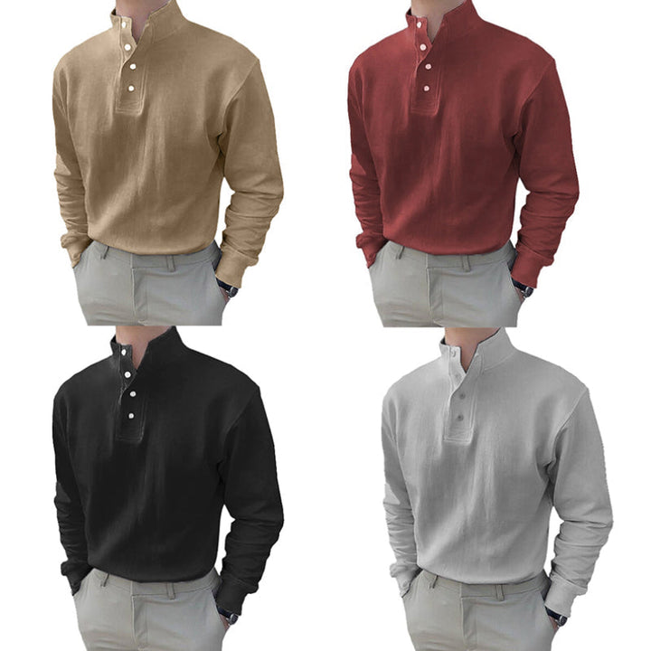 "Herr långärmad pikétröja med hög krage, elegant design i hållbart tyg, perfekt för stil och komfort."