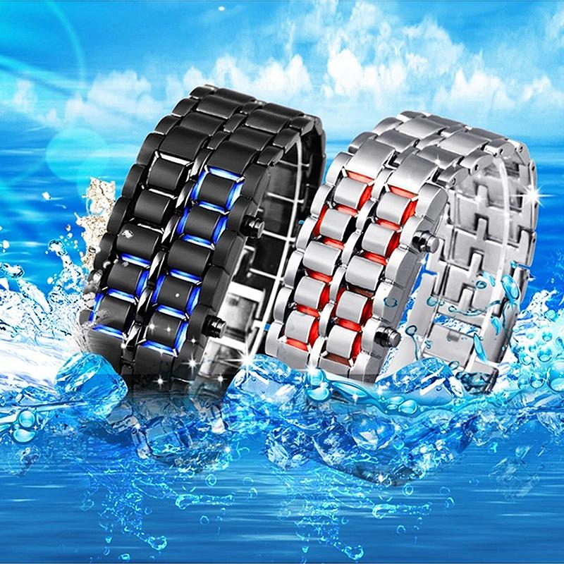 Herr LED Digital Armbandsur i rostfritt stål med urtavellös design och justerbart band, multifärgad LED-belysning.