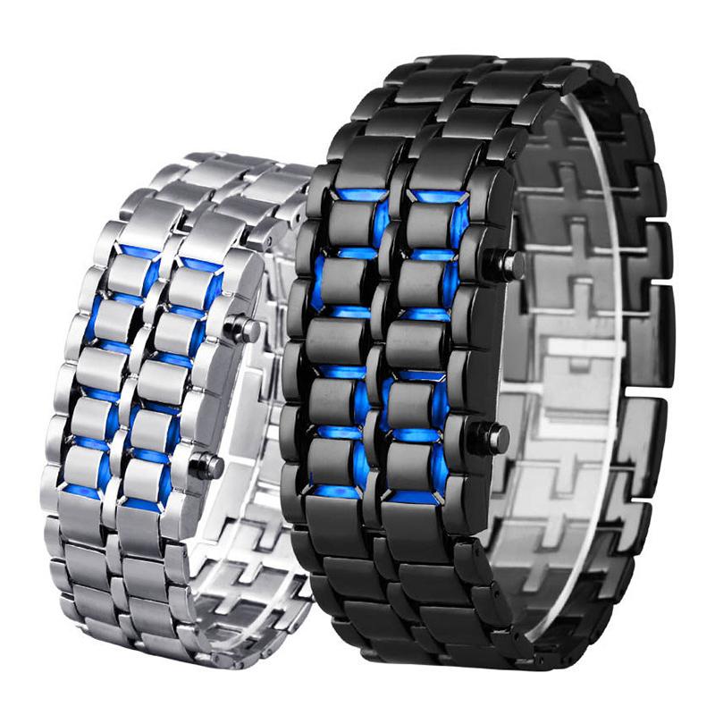 Herr LED Digital Armbandsur i rostfritt stål med urtavellös design och justerbart band, multifärgad LED-belysning.