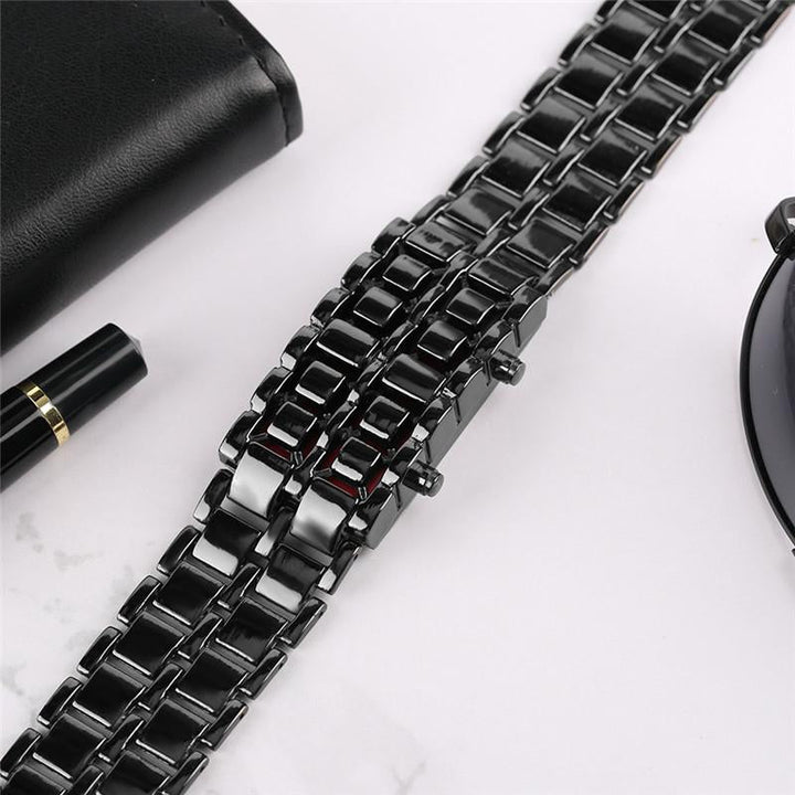 Herr LED Digital Armbandsur i rostfritt stål med urtavellös design och justerbart band, multifärgad LED-belysning.