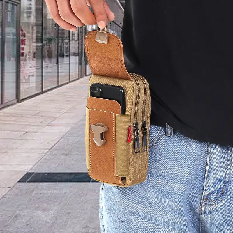 "Herr mobiltelefonsportväska i nylon, kompakt design, svart färg, med dragkedja och bältfäste för sportiga äventyr."