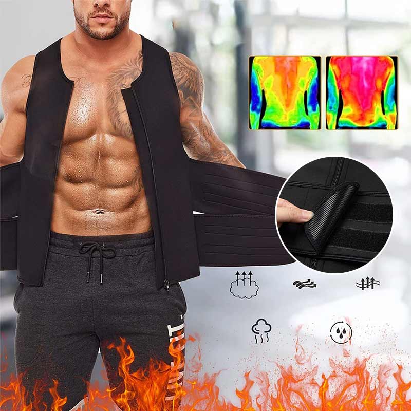 Herr neopren bastuväst med dragkedja och midjeband, svart design, förbättrar hållning och maximerar kaloriförbränning.