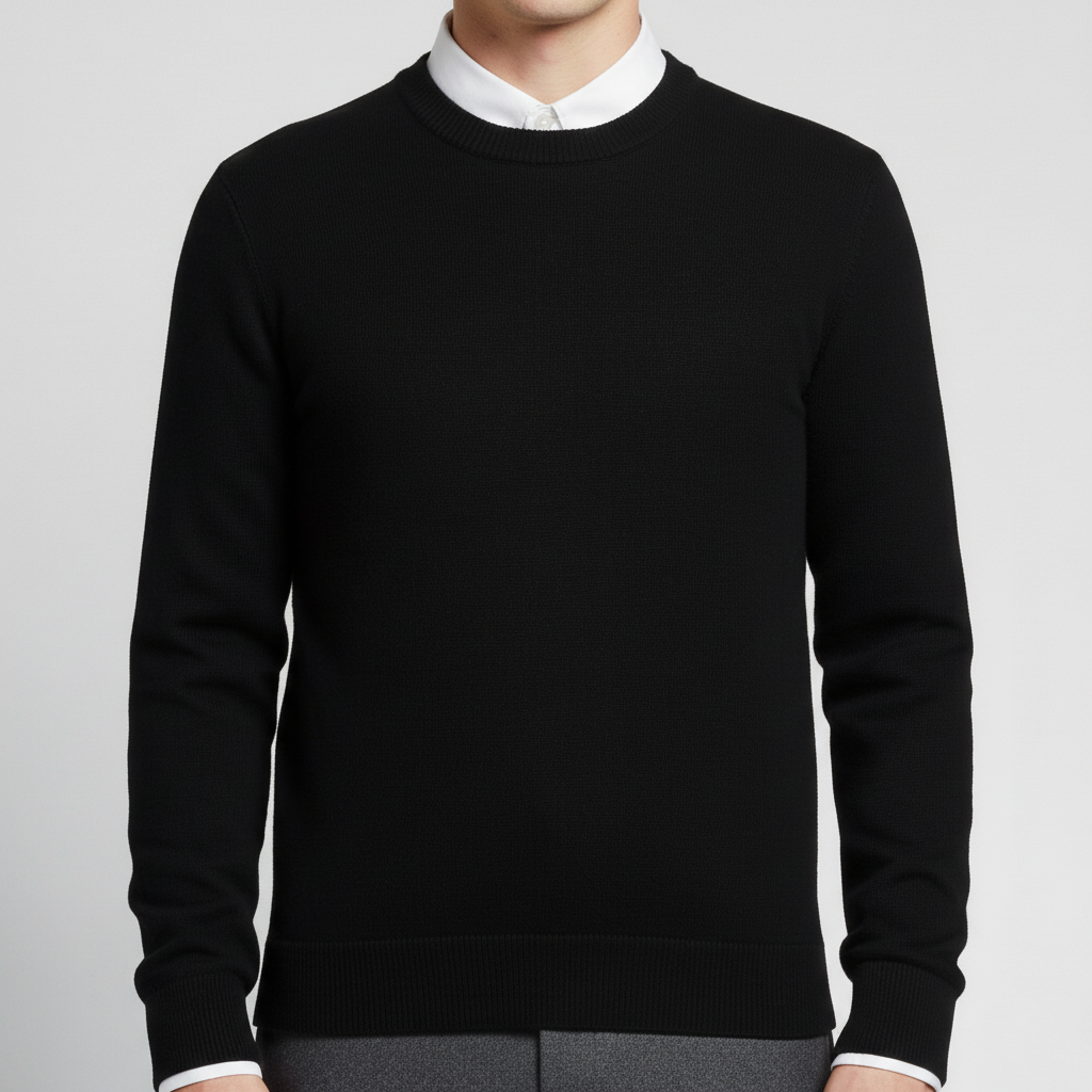 Elegant herrmode: Rundhalsad tröja i stickat material, perfekt för kontoret eller hemma.