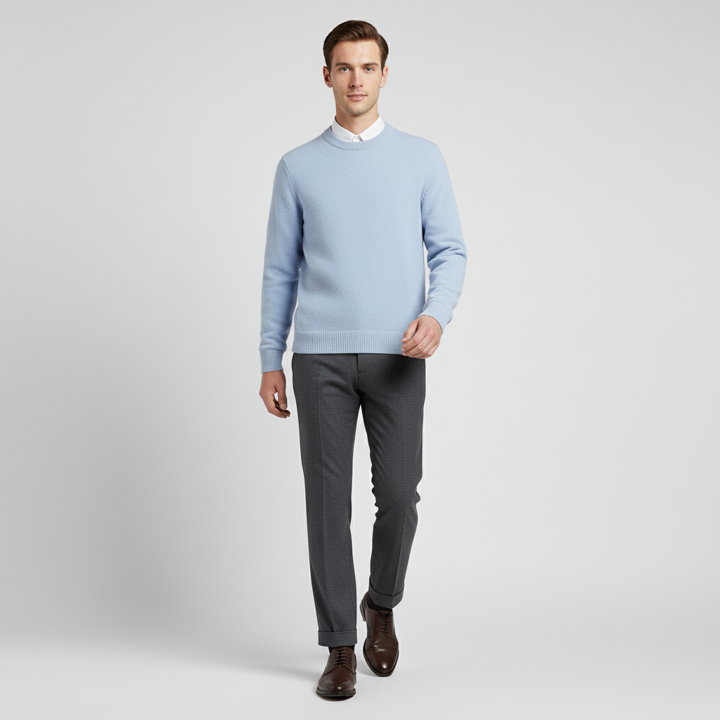 Man bär en bekväm, rundhalsad herrtröja "Charles". Casual och elegant herrmode i fokus.