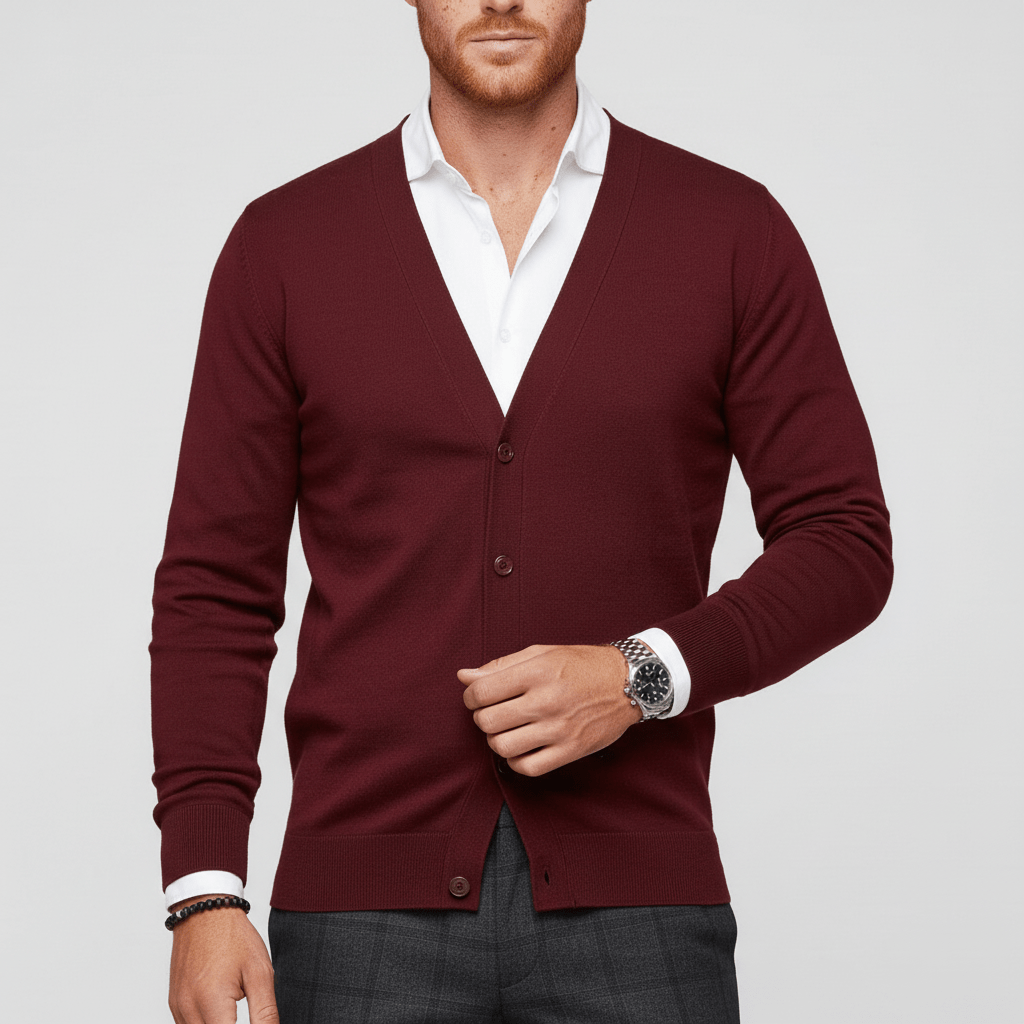 Herrkläder: V-ringad slim fit kofta för män. Elegant och bekväm för kontoret eller en kväll ute.